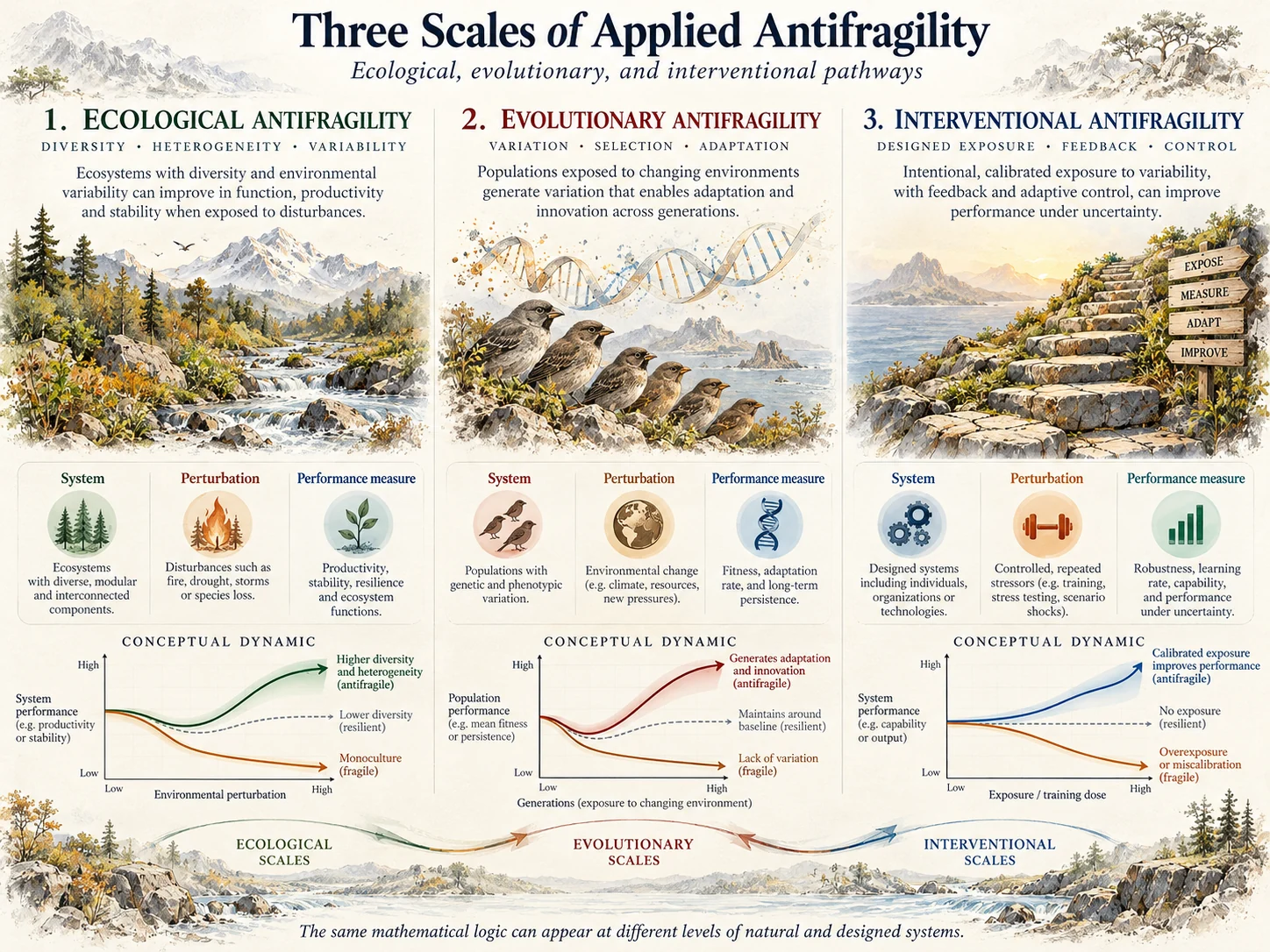 Ecological, evolutionary and interventional antifragility illustrated with a forest, evolving birds and a feedback control pathway with schematic response curves.