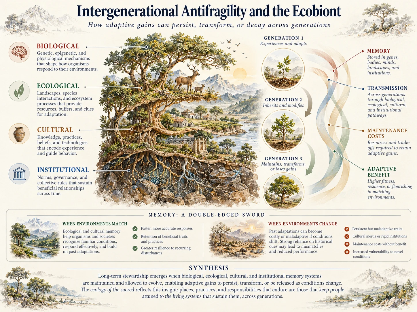 Illustrated ecobiont integrating biological, ecological, cultural and institutional inheritance and three generations of adaptive memory.